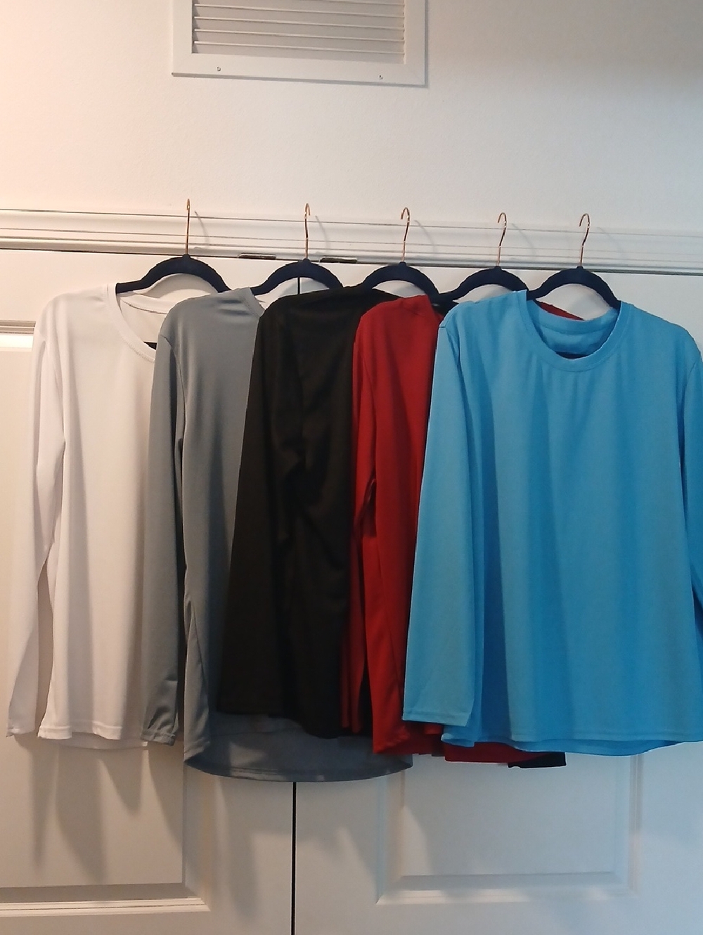 Long-Sleeve Performance Tees — White, Gray, Black, Red, Blue Set Of 5